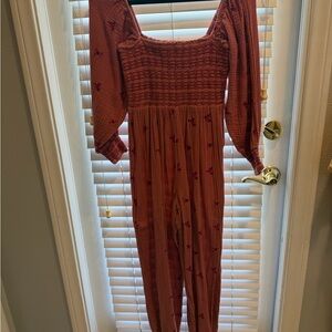 Free People Rust Pink Floral Smocked Jumpsuit